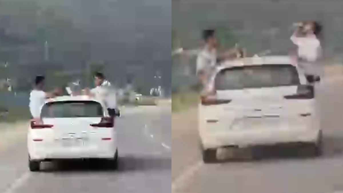 Tourists hanging out of cars drinking beer